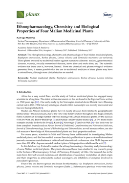 Ethnopharmacology, Chemistry and Biological Properties of Four Malian Medicinal Plants
