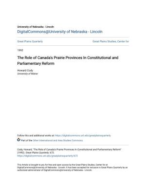 The Role of Canada's Prairie Provinces in Constitutional and Parliamentary Reform