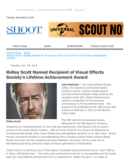 Ridley Scott Named Recipient of Visual Effects Society's Lifetime Achievement Award