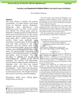 Inventory and Assessment of Marine Fishes in the Island Towns Of