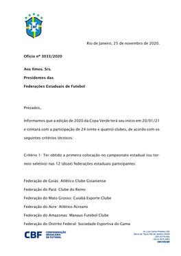 Rio De Janeiro, 25 De Novembro De 2020. Ofício Nº 3033/2020 Aos