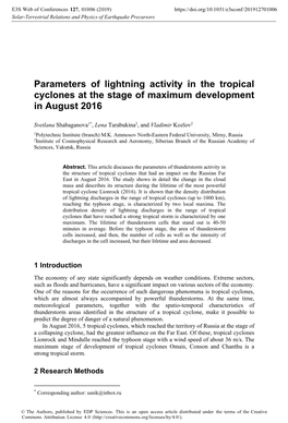 Parameters of Lightning Activity in the Tropical Cyclones at the Stage of Maximum Development in August 2016
