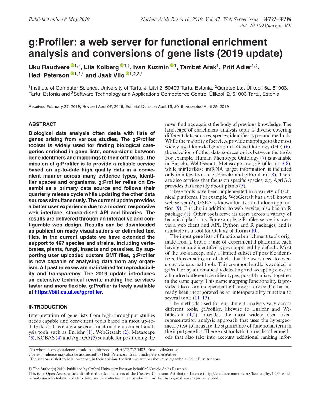 G:Profiler: a Web Server for Functional Enrichment Analysis And