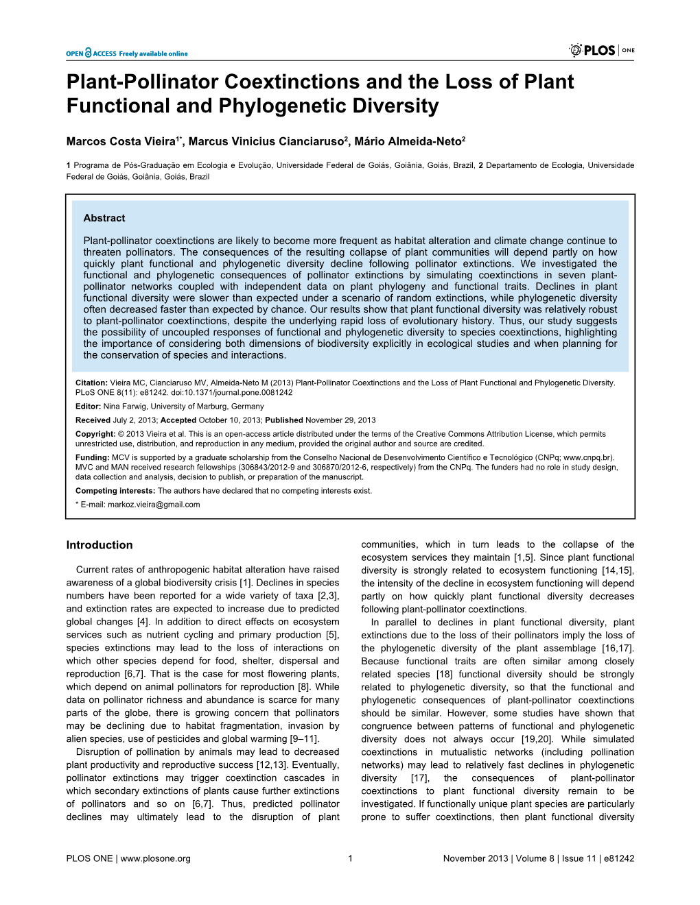 Plant-Pollinator Coextinctions and the Loss of Plant Functional and Phylogenetic Diversity