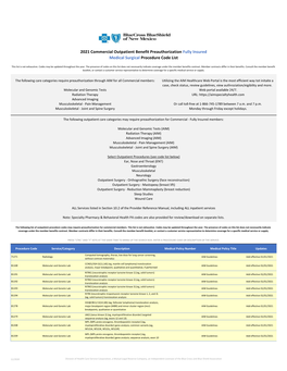 2021 Commercial Outpatient Benefit Preauthorization Fully Insured Medical Surgical Procedure Code List