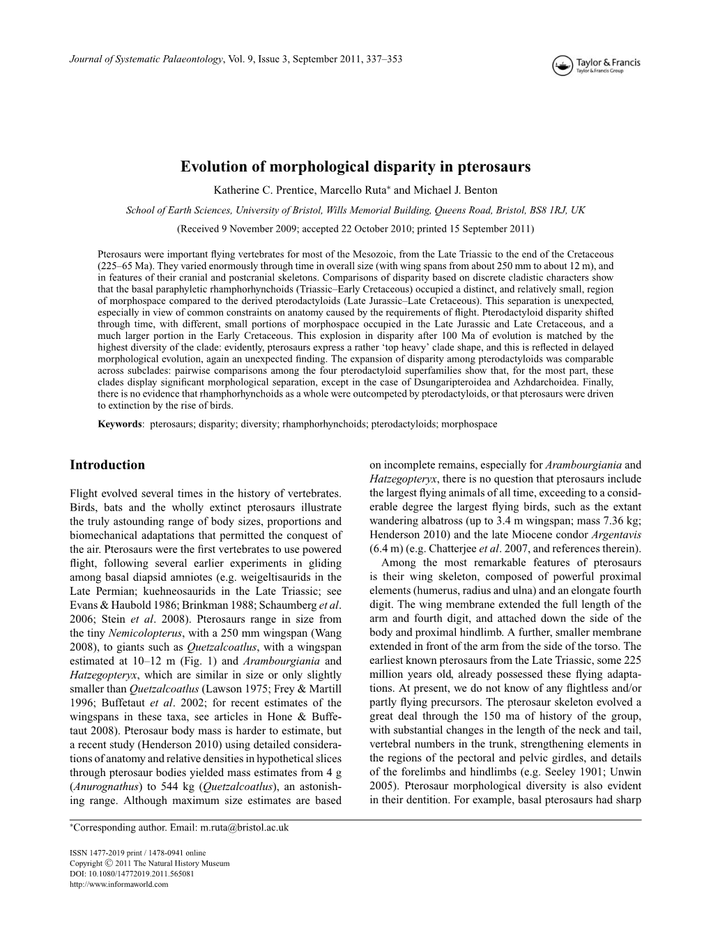 Evolution of Morphological Disparity in Pterosaurs Katherine C