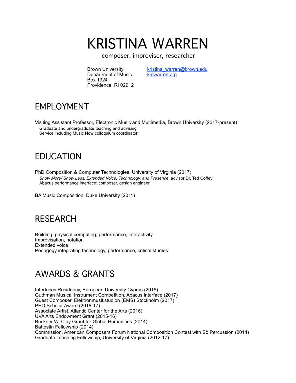 KRISTINA WARREN Composer, Improviser, Researcher