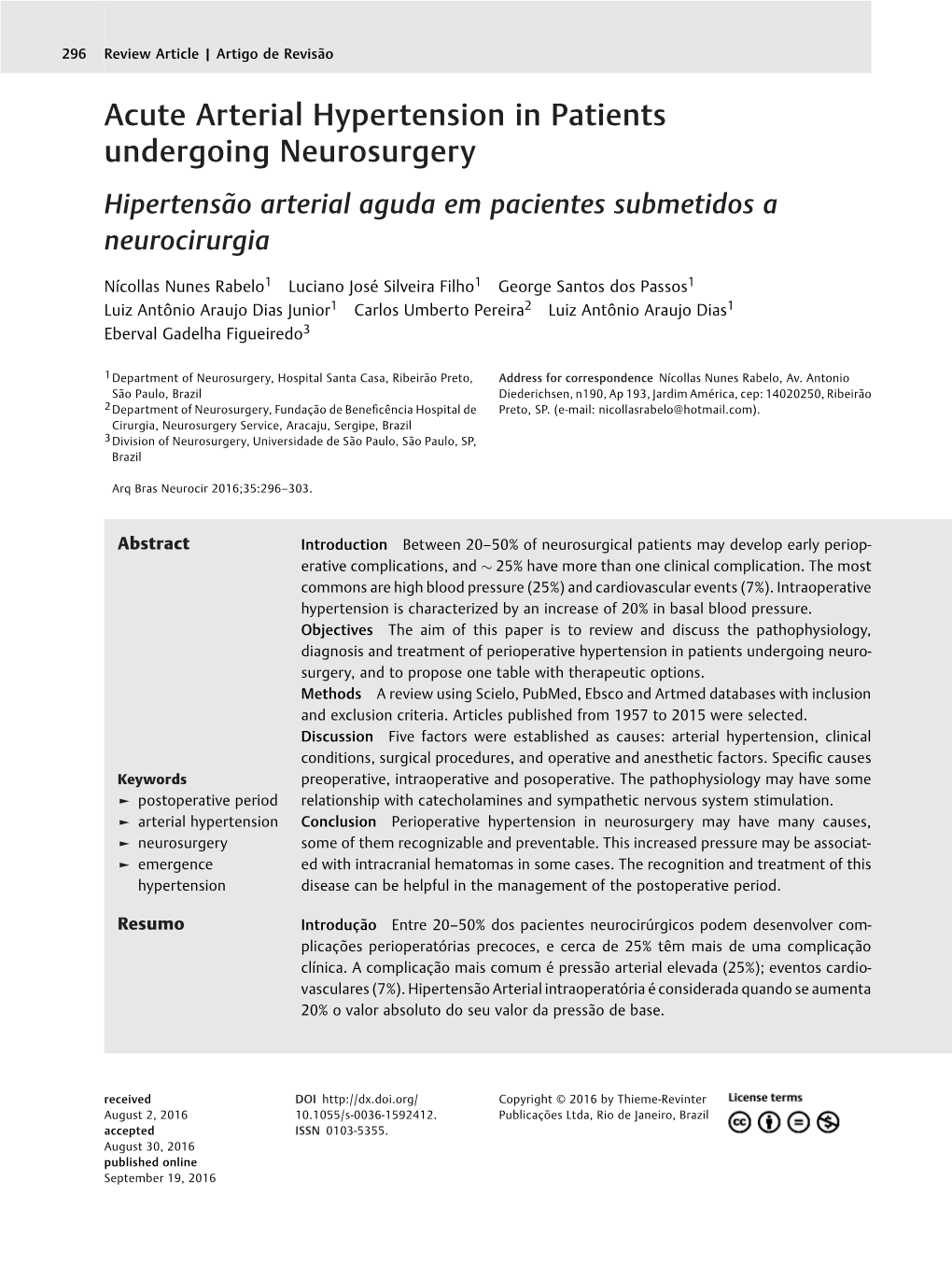 Acute Arterial Hypertension in Patients Undergoing Neurosurgery Hipertensão Arterial Aguda Em Pacientes Submetidos a Neurocirurgia