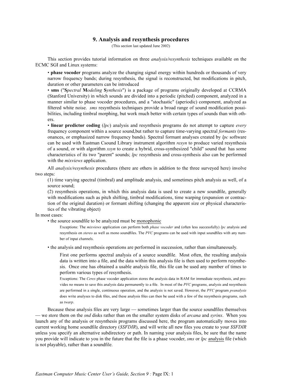 Section 9: Analysis and Resynthesis Procedures