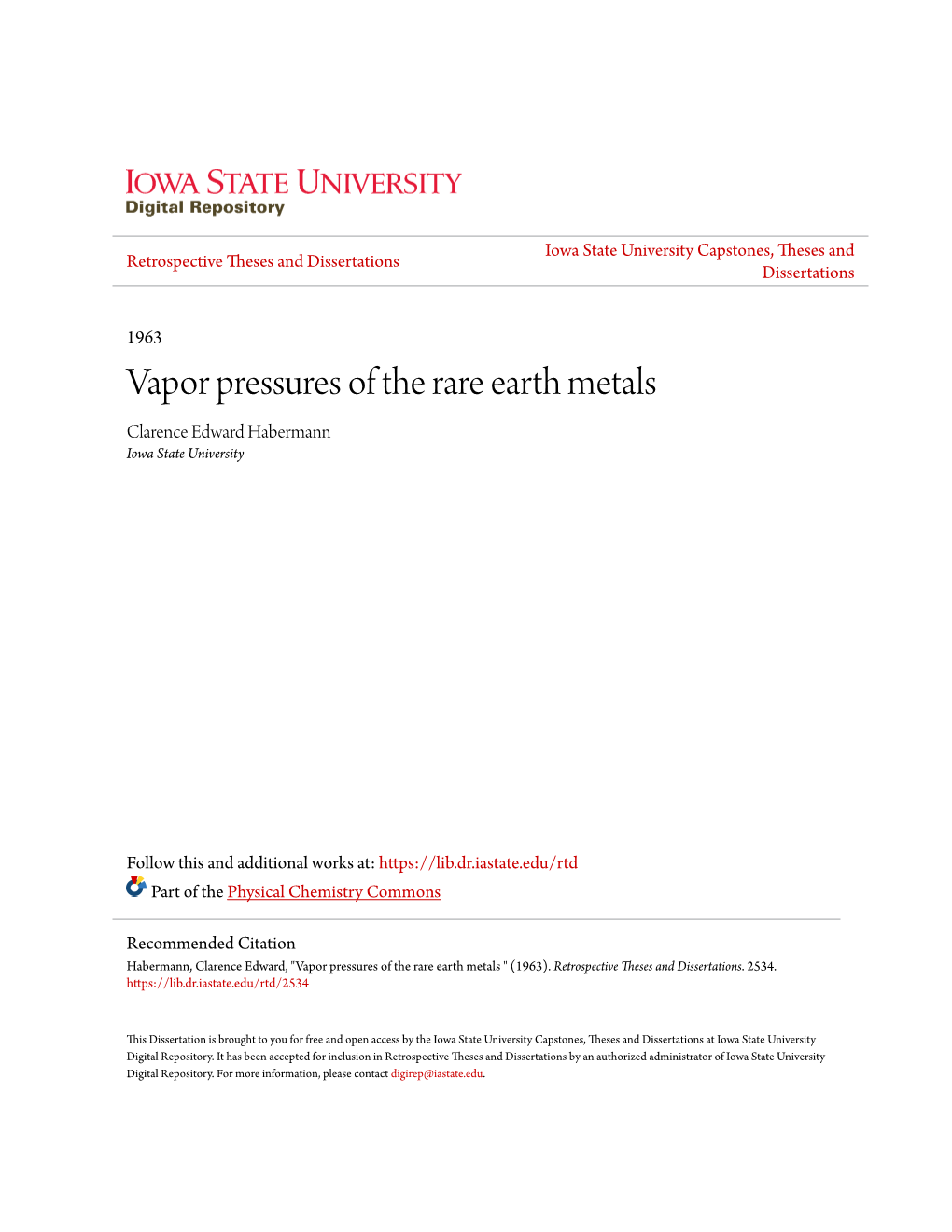 Vapor Pressures of the Rare Earth Metals Clarence Edward Habermann Iowa State University