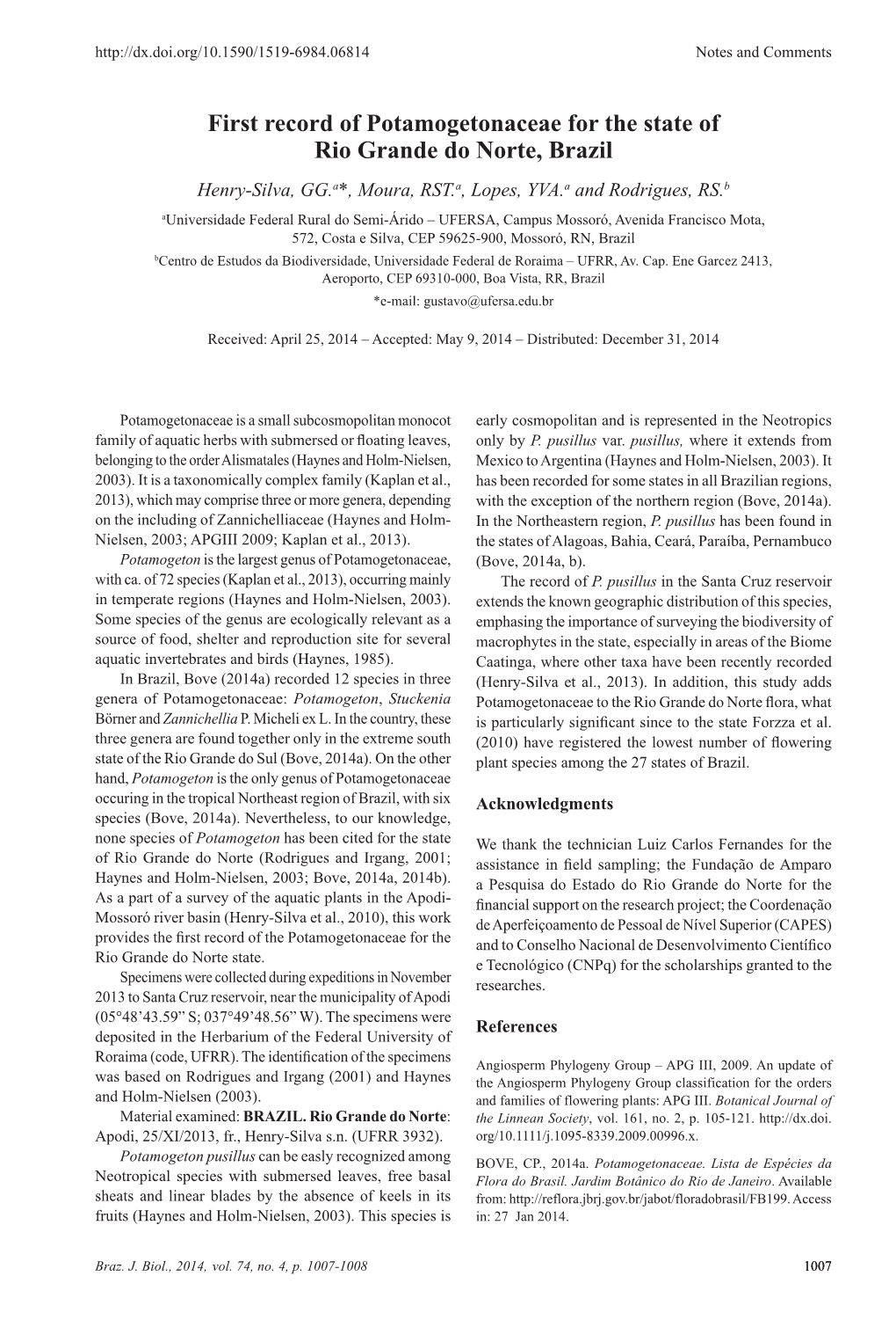 First Record of Potamogetonaceae for the State of Rio Grande Do Norte