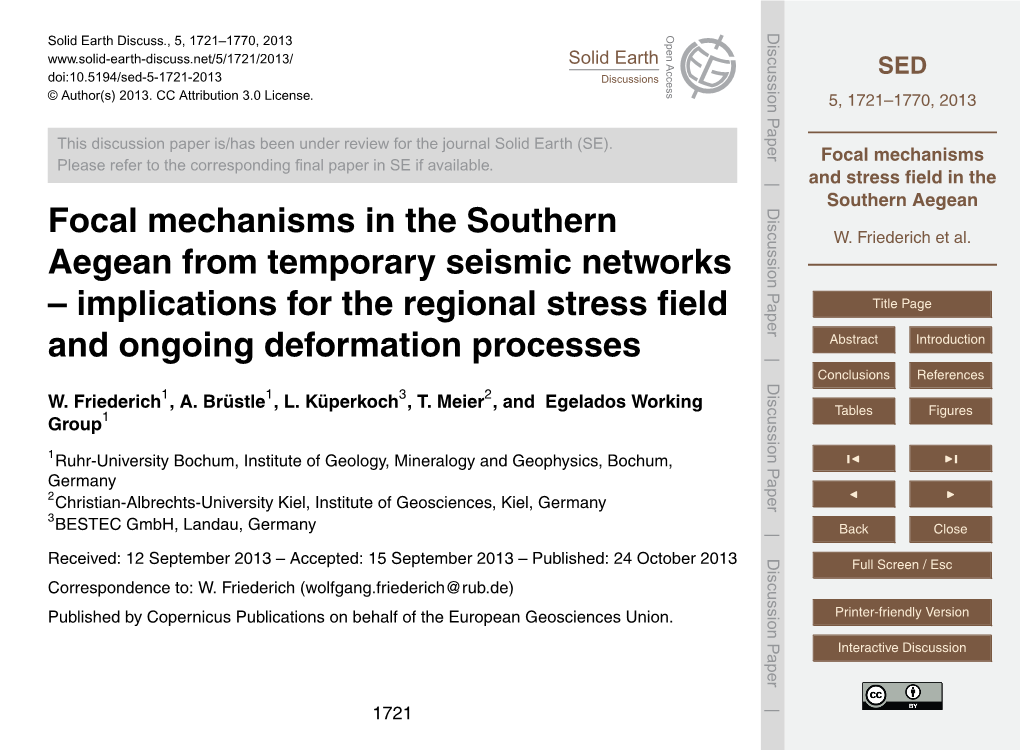 Focal Mechanisms and Stress Field in the Southern Aegean