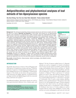 Antiproliferative and Phytochemical Analyses of Leaf Extracts of Ten Apocynaceae Species