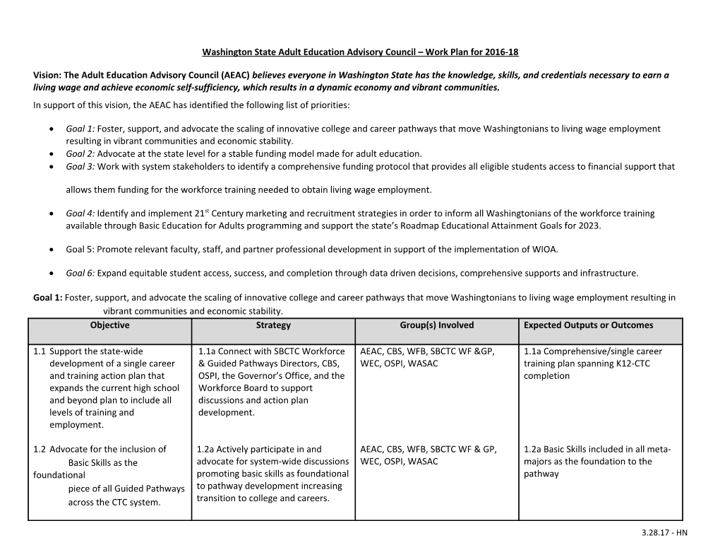 Washington State Adult Education Advisory Council Work Plan for 2016-18