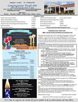 Congregation Torah Ohr 19146 Lyons Road, Boca Raton, FL 33434 (561) 479-4049 ● ● Torahohr72@Gmail.Com Rabbi Benjamin S