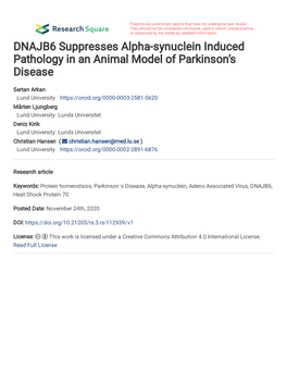 DNAJB6 Suppresses Alpha-Synuclein Induced Pathology in an Animal Model of Parkinson’S Disease