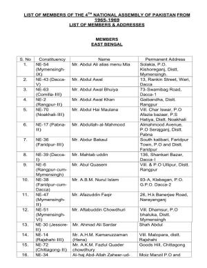 List of Members of the 4Th National Assembly of Pakistan from 1965- 1969 List of Members & Addresses