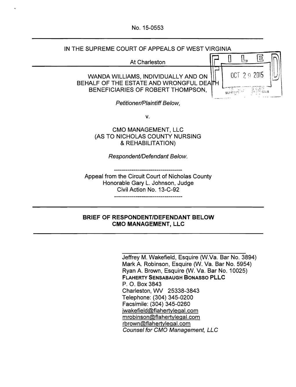 Respondent's Brief, Wanda Williams V. CMO Management, LLC, No. 15-0553