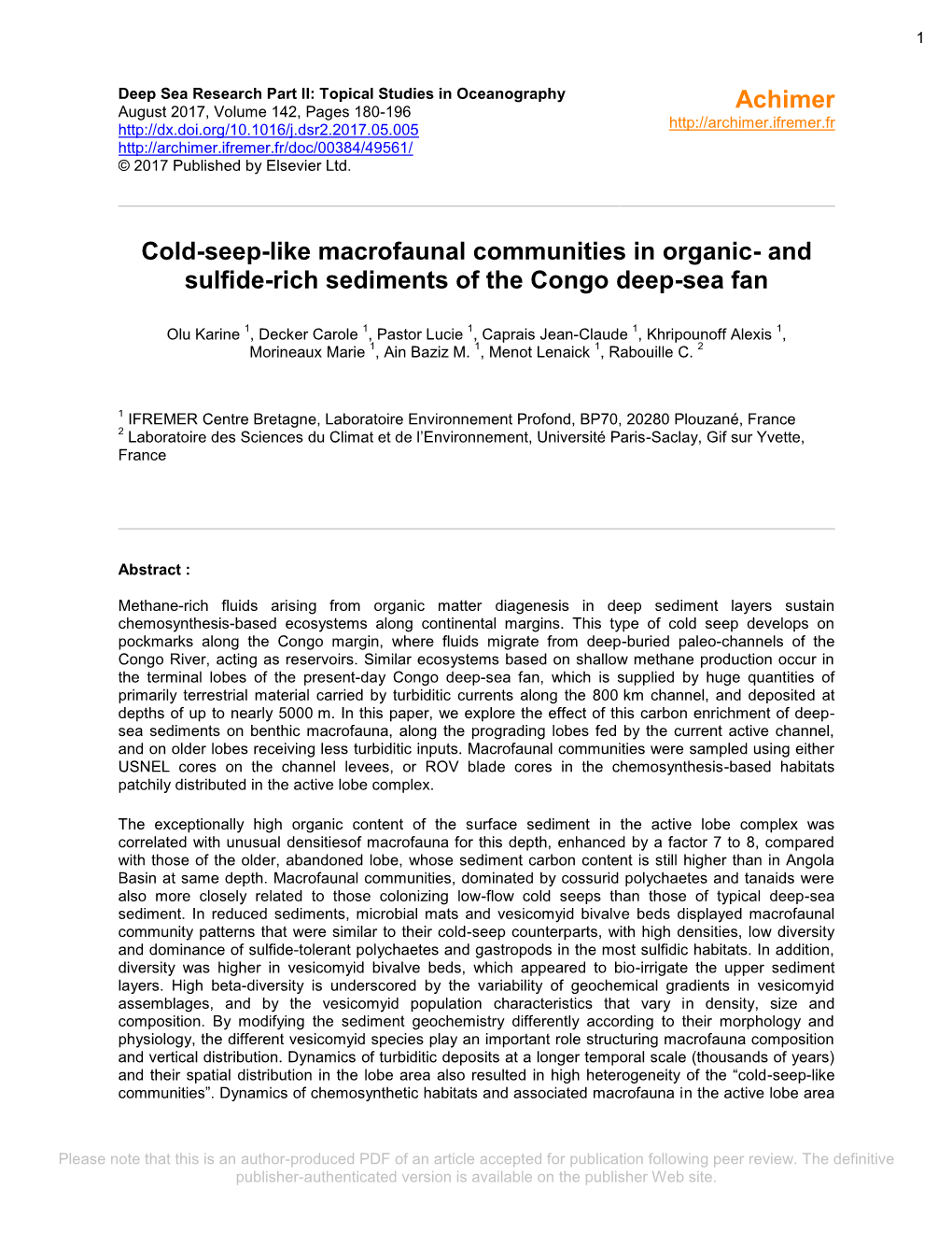 Cold-Seep-Like Macrofaunal Communities in Organic- and Sulfide-Rich Sediments of the Congo Deep-Sea Fan