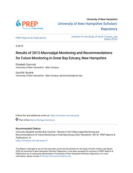 Results of 2013 Macroalgal Monitoring and Recommendations for Future Monitoring in Great Bay Estuary, New Hampshire