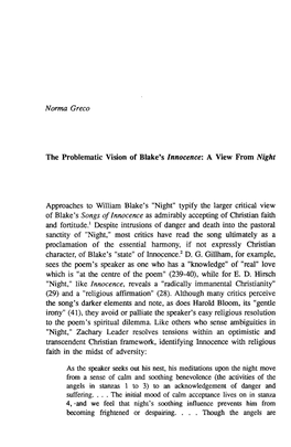 Norma Greco the Problematic Vision of Blake's Innocence: a View from Night Approaches to William Blake' S "Night" Typi