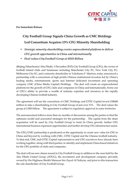 City Football Group Signals China Growth As CMC Holdings Led Consortium Acquires 13% CFG Minority Shareholding