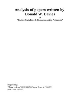 Analysis of Papers Written by Donald W. Davies on “Packet Switching & Communication Networks”