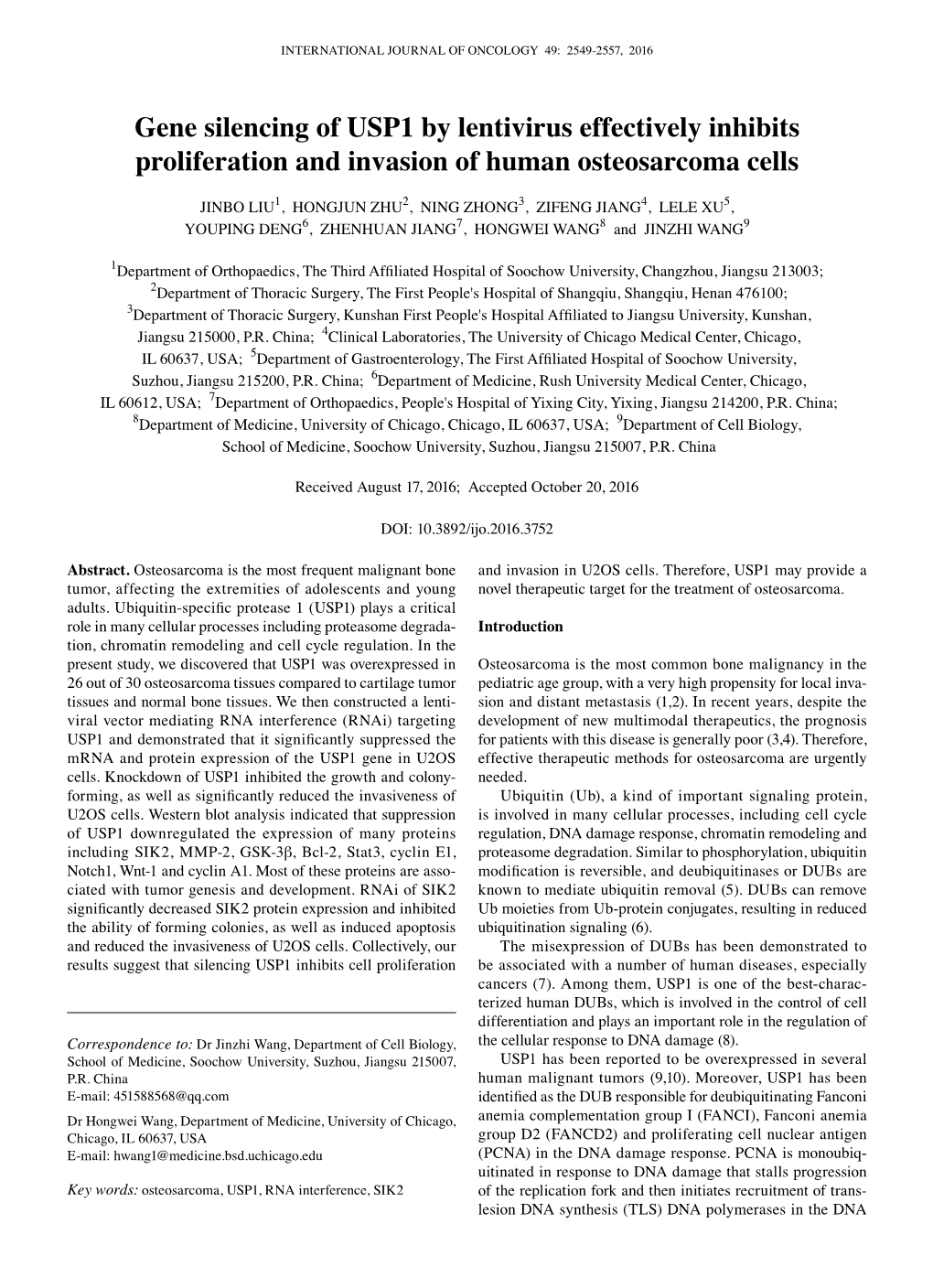 Gene Silencing of USP1 by Lentivirus Effectively Inhibits Proliferation and Invasion of Human Osteosarcoma Cells