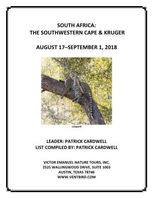 South Africa: the Southwestern Cape & Kruger August 17–September 1, 2018