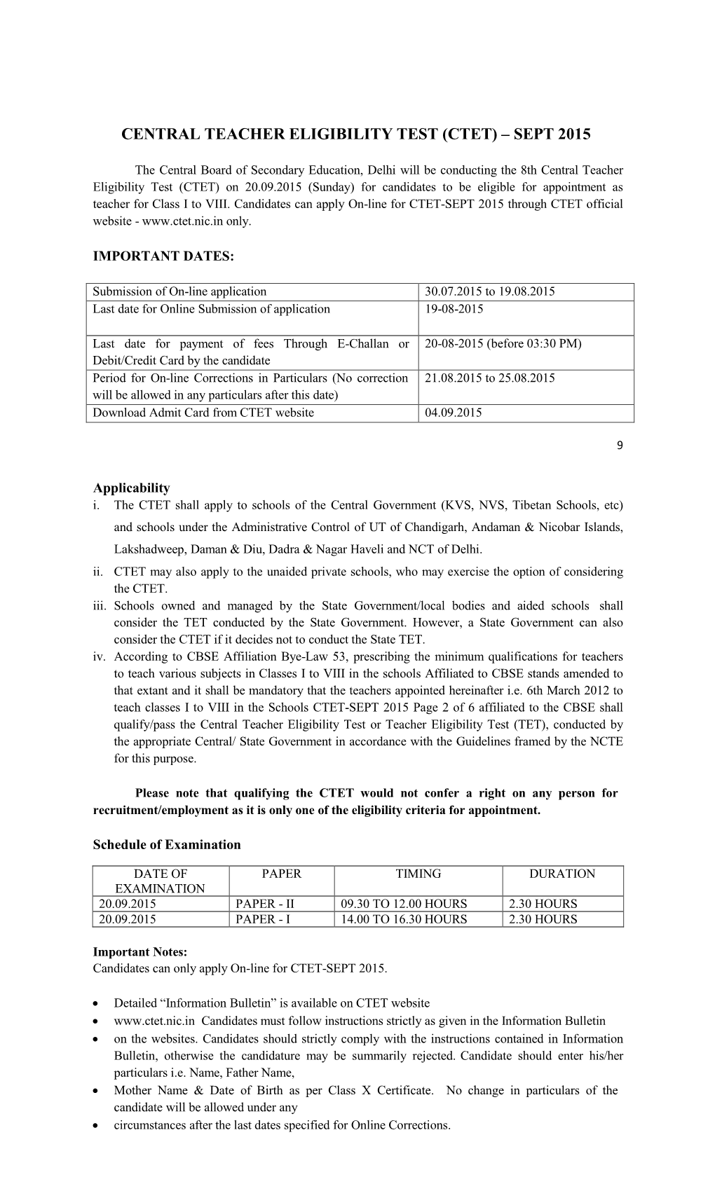 Central Teacher Eligibility Test (Ctet) – Sept 2015