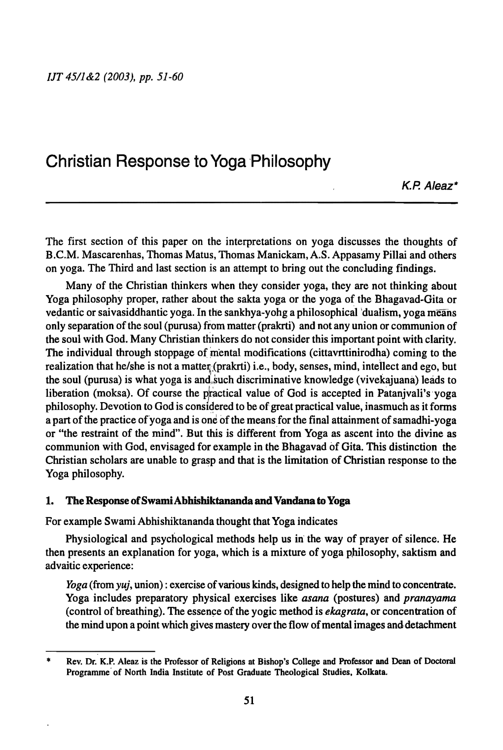 KP Aleaz, "Christian Response of Yoga Philosophy,"