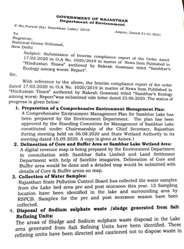 GOVERNMENT of RAJASTHAN Department of Environment F.No.Forest (6)/.Sambhar Lake/ 2016 to Jaipur, Dated 21.01.2021 Registrar, National Green Tribunal, New Delhi