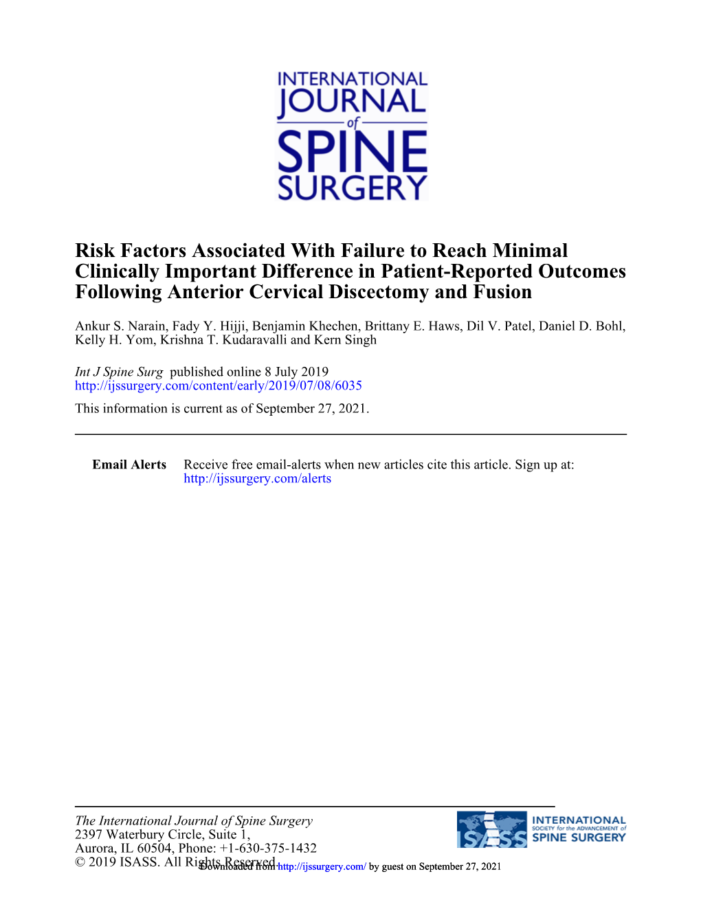 Following Anterior Cervical Discectomy and Fusion Outcomes