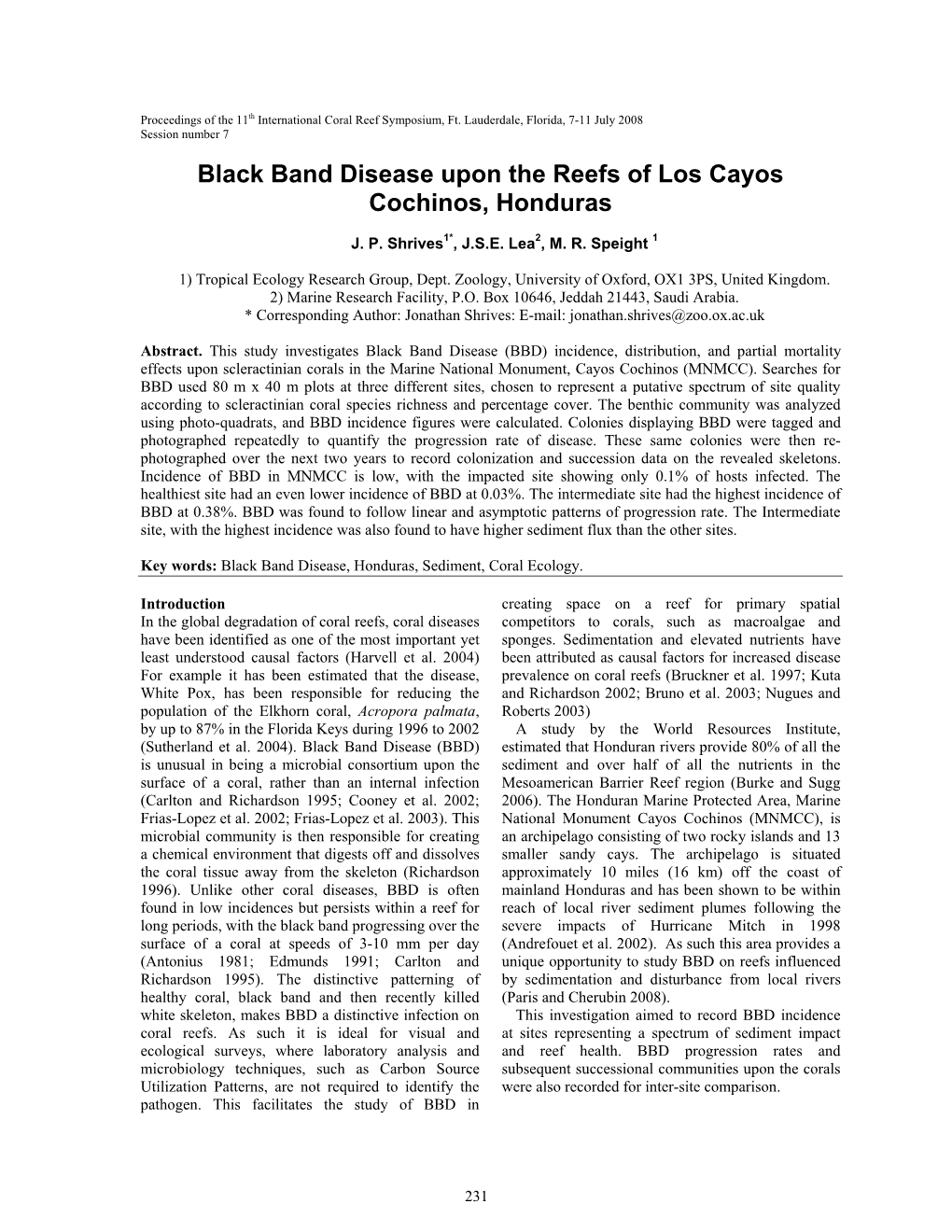 Black Band Disease Upon the Reefs of Los Cayos Cochinos, Honduras