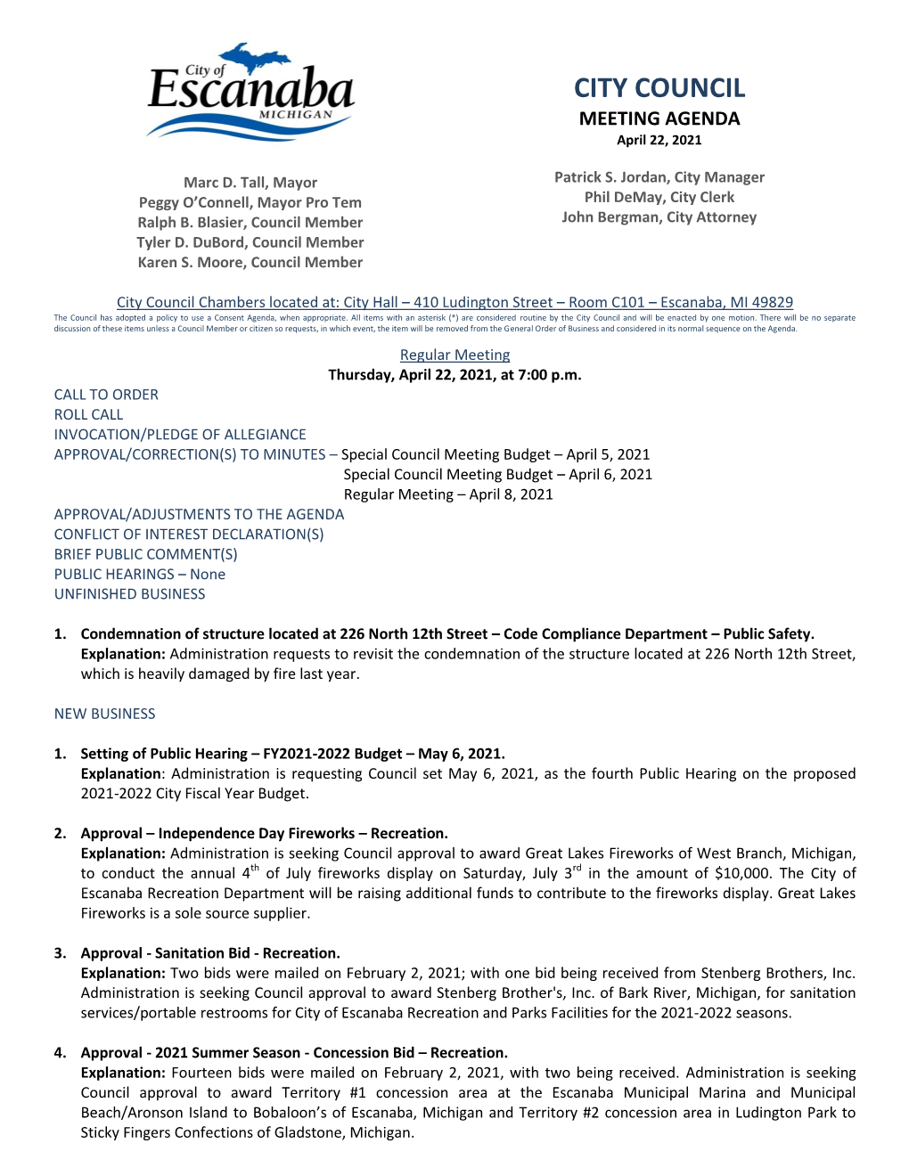 CITY COUNCIL MEETING AGENDA April 22, 2021