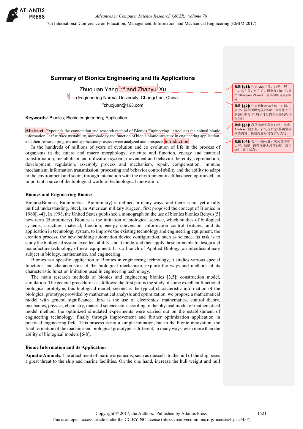 Summary of Bionics Engineering and Its Applications Zhuojuan Yang 1, A