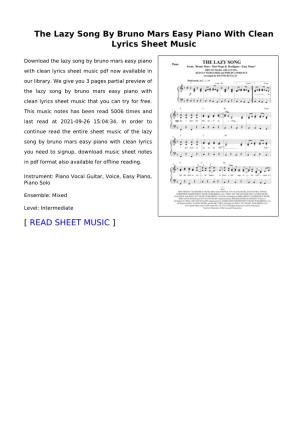 The Lazy Song by Bruno Mars Easy Piano with Clean Lyrics Sheet Music