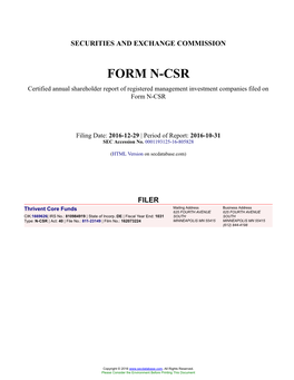 Thrivent Core Funds Form N-CSR Filed 2016-12-29