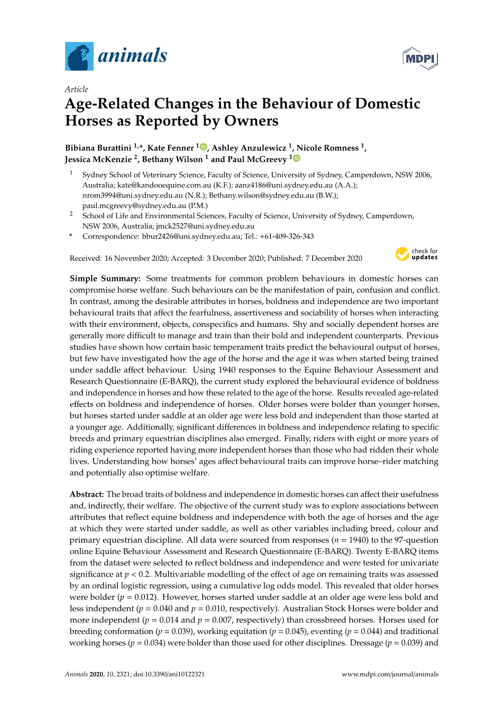 Age-Related Changes in the Behaviour of Domestic Horses As Reported by Owners