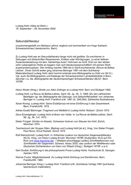 Sekundärliteratur (Zusammengestellt Von Barbara Lafond, Ergänzt Und Kommentiert Von Hugo Sarbach, Schweizerisches Literaturarchiv, Bern)