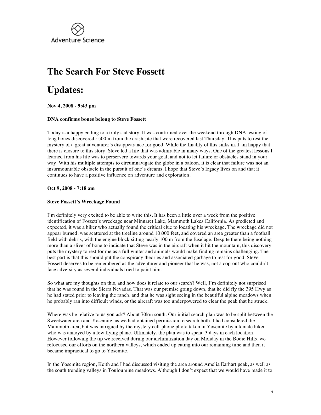 The Search for Steve Fossett Updates