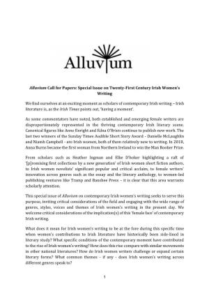 Alluvium Call for Papers: Special Issue on Twenty-First Century Irish Women's Writing We Find Ourselves at an Exciting Moment