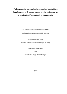 Pathogen Defense Mechanisms Against Verticillium Longisporum in Brassica Napus L