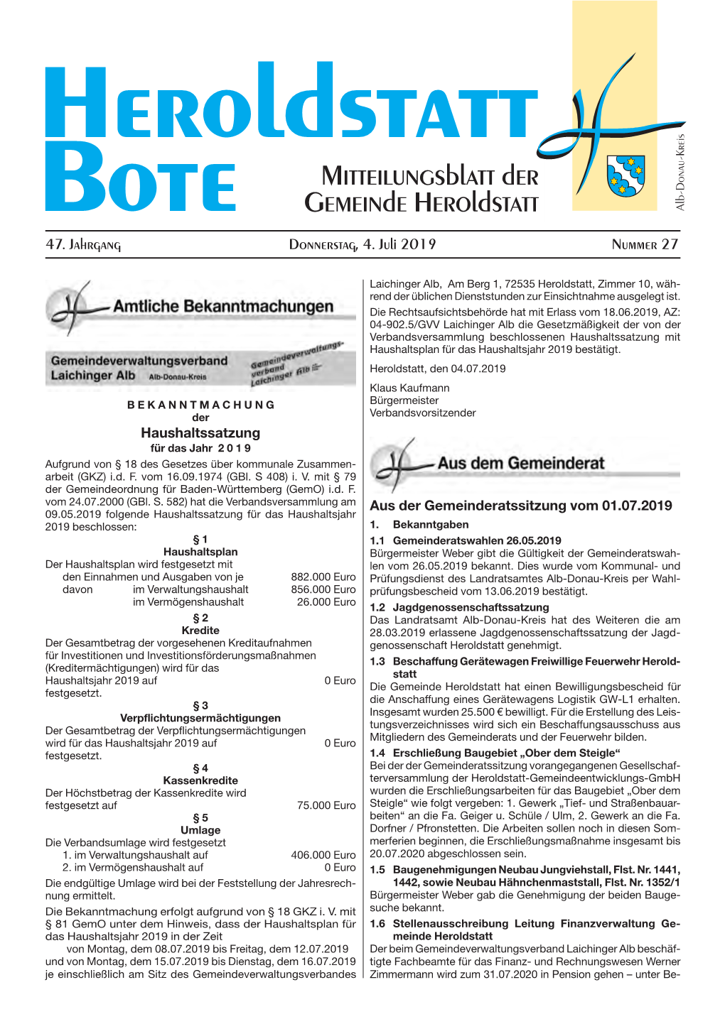 Mitteilungsblatt Der Gemeinde Heroldstatt