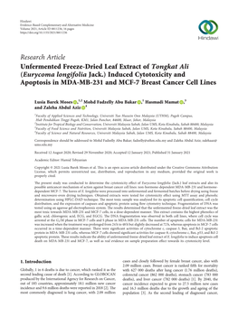 Unfermented Freeze-Dried Leaf Extract of Tongkat Ali (Eurycoma Longifolia Jack.) Induced Cytotoxicity and Apoptosis in MDA-MB-231 and MCF-7 Breast Cancer Cell Lines