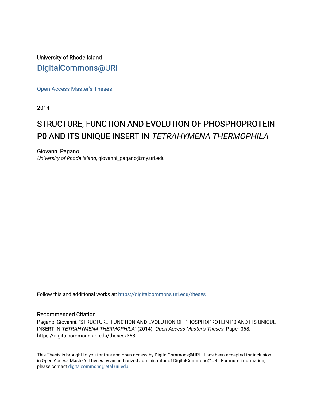 Structure, Function and Evolution of Phosphoprotein P0 and Its Unique Insert in Tetrahymena Thermophila