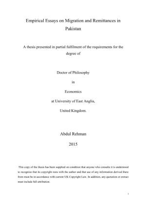 Empirical Essays on Migration and Remittances in Pakistan
