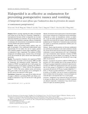 Haloperidol Is As Effective As Ondansetron for Preventing Postoperative Nausea and Vomiting