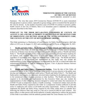 Thirteenth Order of the Council of the City of Denton Date Issued: August 12, 2021