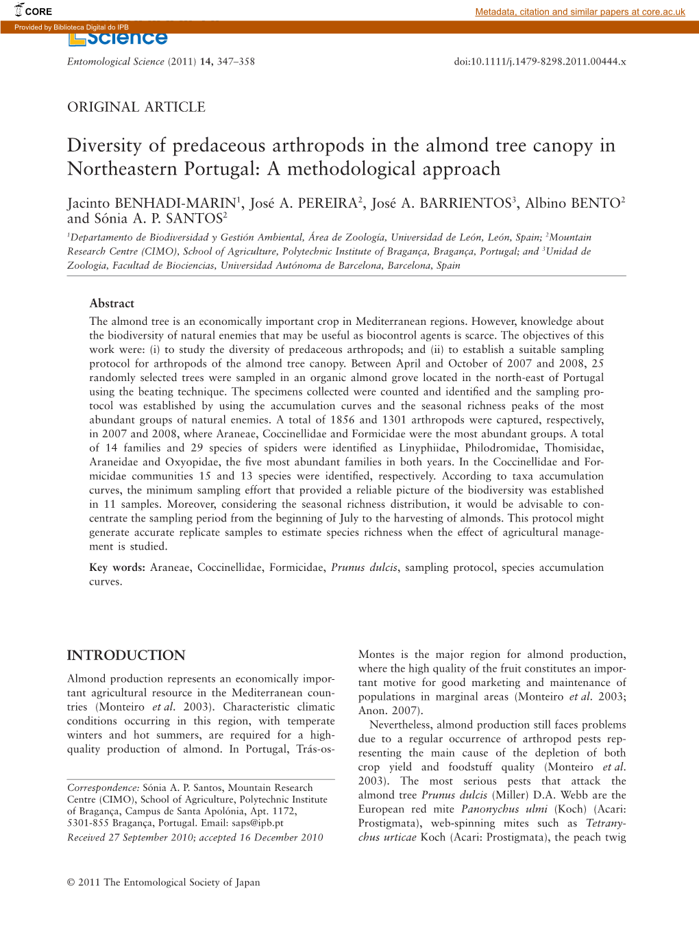 Diversity of Predaceous Arthropods in the Almond Tree Canopy In